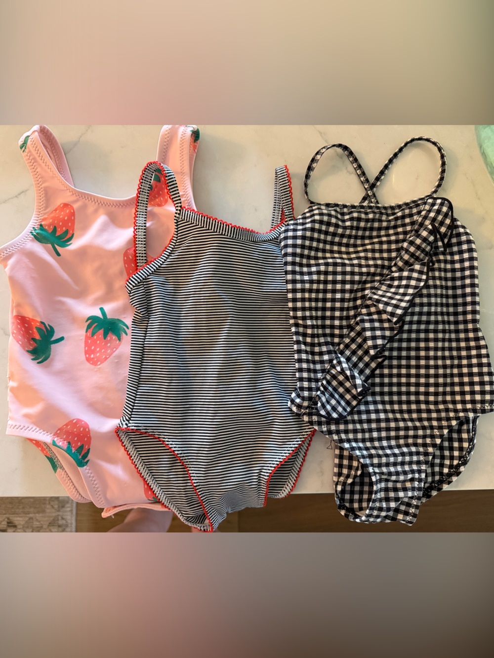 Girls' Mixed Print One-Piece Swimsuit Set - Strawberry, Stripe & Gingham
